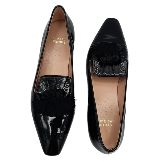 Stuart Weitzman Leather Square Toe Tassle Loafer Flats Black Size 8 - Picture 11 of 13